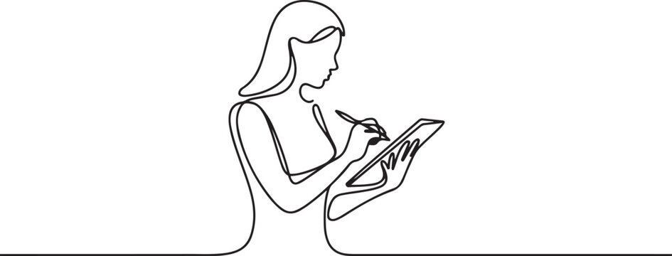 Continuous one line of female taking notes and using digital tablet in silhouette on a white background. one line icon drawing vector