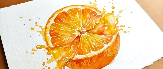 Obraz premium Fresh orange slice with vibrant juice splash on white paper, watercolor painting style perfect for kitchen decor, food illustration and culinary designs.