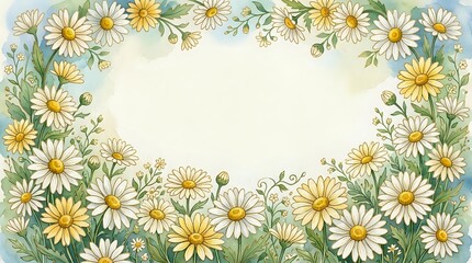 Fototapeta premium Watercolor daisy flower border frame with white and yellow blooms on cream background. Floral botanical illustration for invitations, cards, scrapbooking projects.