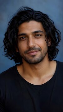 Retrato hombre joven moreno de pelo negro y ondulado con barba recortada. 