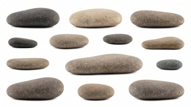 Natural flat stone collection for wellness, landscaping and organic themed compositions, isolated on White background