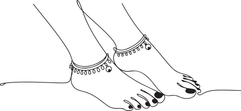 Beautiful indian girl feet with anklets and red nails line drawing isolated on white background. one line icon drawing vector