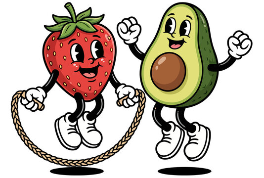 Retro Cartoon Strawberry (Fragaria ananassa) and Avocado (Persea americana) Exercising; Vintage Rubber Hose Style Jump Rope Illustration, Fun Healthy Lifestyle Fitness png .