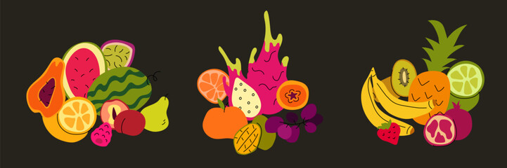 Set of vintage colorful fruit and berry sticker. Hand drawn organic food labels. Lemon, mango, peach, dragon fruit, banana, strawberry, papaya. Tropical exotic summer fruits. Vector flat illustration. © TAISIIA