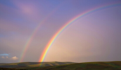 Naklejka premium Double rainbow arcs gracefully over rolling green hills. Soft dawn light bathes the sky in gentle purples and pinks. Natural beauty radiates peace and wonder
