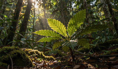 Fototapeta premium Sunlight pierces the forest canopy, illuminating a single fern. Moss covers the earth, rich and textured beneath the fern. The fern's leaves glow with delicate green, catching the light