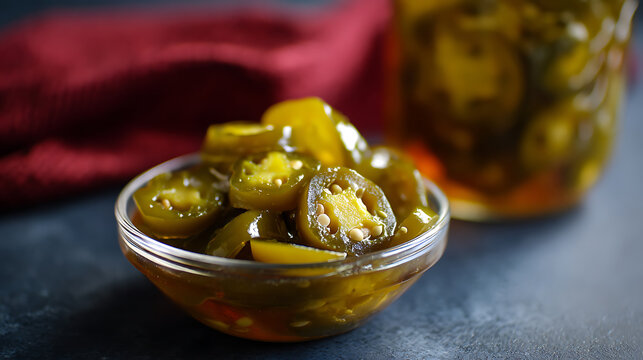 Freshly Prepared Pickled Peppers: Zesty Sliced Green Peppers Marinating in Tangy Brine, Ready to Enhance Culinary Creations with Bold Flavor