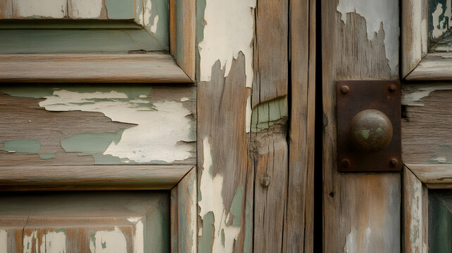 Weathered wooden door with peeling paint and rusted metal knob close up view high-quality professional detailed modern elegant stylish clean