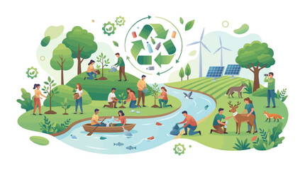 Obraz premium Community working together in nature for sustainability and conservation activities illustration