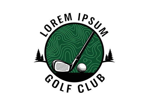 Golf club and ball logo design with topographic map background and trees