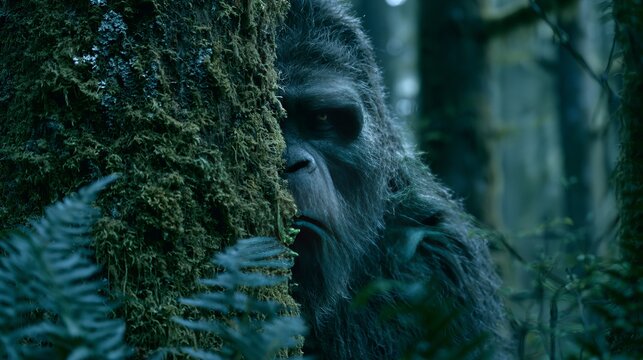 Sasquatch hiding behind a tree