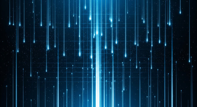 Blue digital rain effect with glowing streaks and particles on dark background, futuristic technology