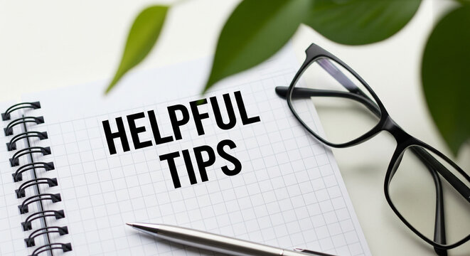 Helpful tips written on notebook with glasses and pen on white background with green leaves