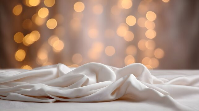 Smooth white fabric draped across a surface with a warm glowing bokeh backdrop creating an elegant and luxurious setting