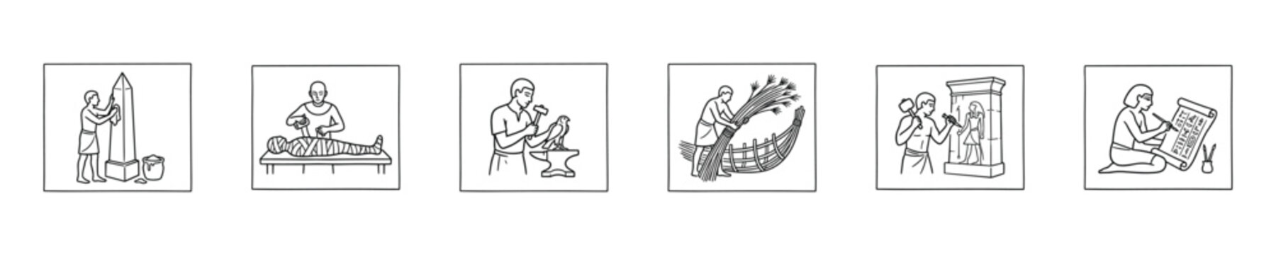 Ancient Egyptian daily life scenes depicted in a linear illustration style