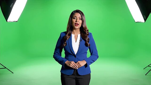 Professional Female News Reporter Speaking in Green Screen Studio
