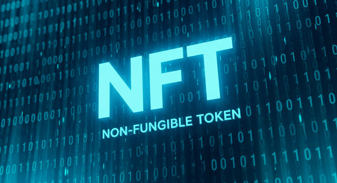 Nft non fungible token concept with binary code background, digital currency and blockchain technology