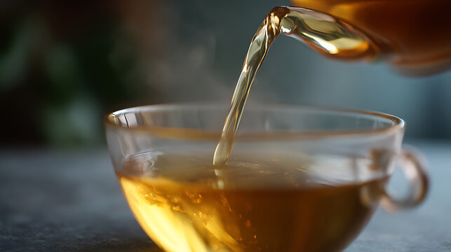 Warm Aromatic Brew from a Glass Pot Pours into a Clear Teacup, Creating Steam, a Cozy Beverage Moment for Relaxation and Refreshment
