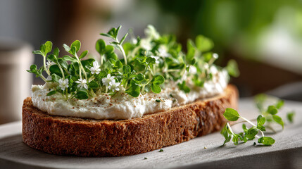 Naklejka premium Hearty whole grain toast slice covered with creamy fresh cheese and garnished with vibrant green microgreens and edible white flowers for a healthy meal