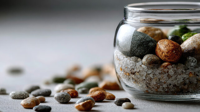 Transparent glass jar with smooth river pebbles and fine white sand, scattered stones around it for a minimalist, zen tabletop accent evoking calm and natural harmony