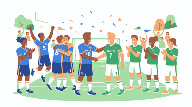 Soccer Teams Celebrating Victory on Green Field with Confetti