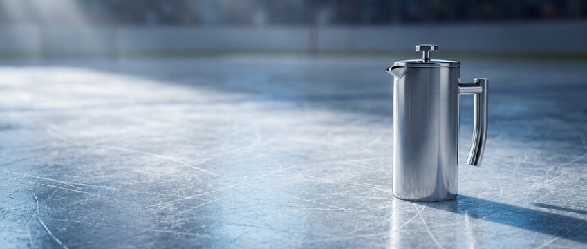 A sleek stainless steel French press coffee maker sits on a textured ice rink surface with soft lighting and reflections.