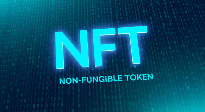 Nft non fungible token digital art cryptocurrency concept neon blue glowing letters on dark background