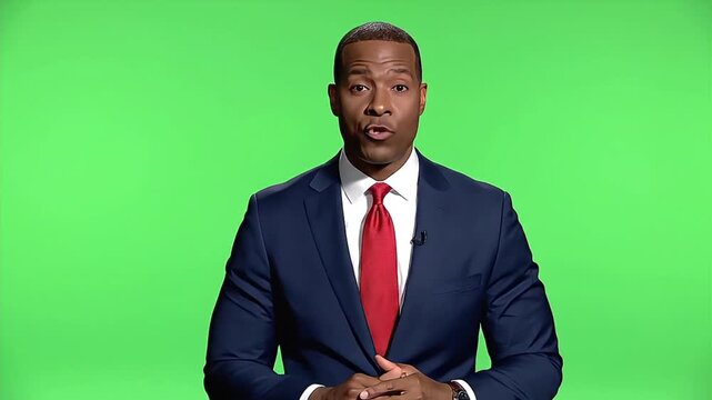 Professional Male News Anchor Reporting on Green Screen