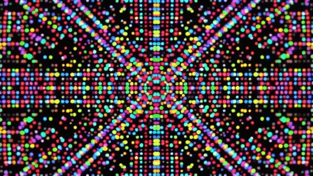 Kaleidoscope of colorful dots on black background, abstract, animation