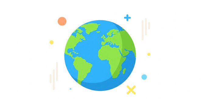 Vibrant illustration of earth globe with colorful symbols and icons on white background, representing global