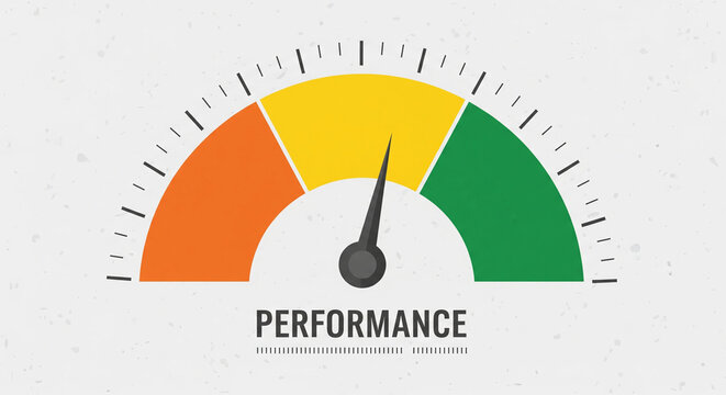 Performance meter gauge with colored zones and needle indicator on white background