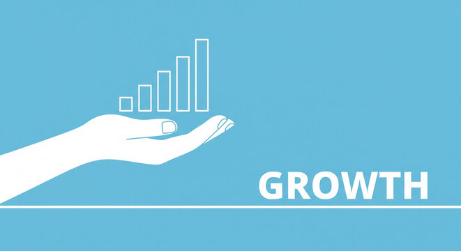 Hand holding rising bar graph with growth text on blue background, business success concept, financial increase