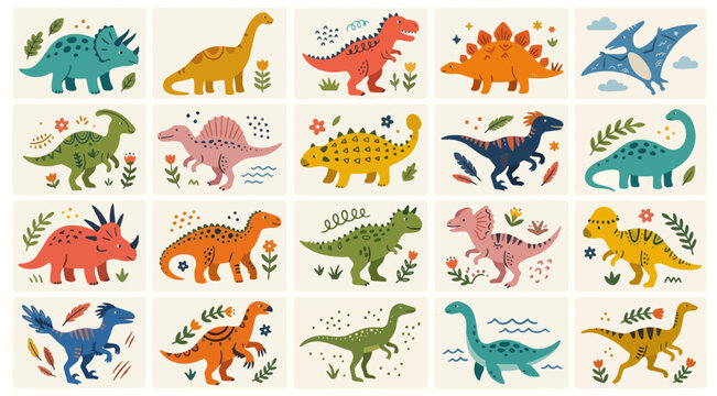 A colorful collection of various cute prehistoric dinosaur species featuring unique patterns and floral elements for children's educational projects and nursery decor on transparent background.