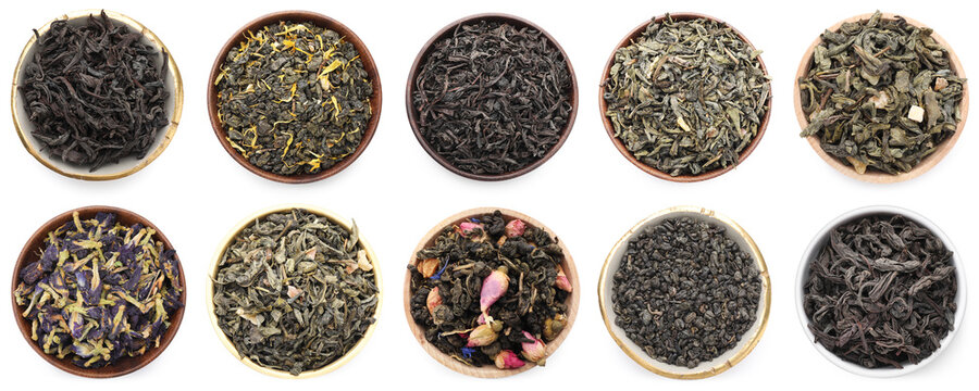 Different types of dry tea in bowls isolated on white, set. Top view