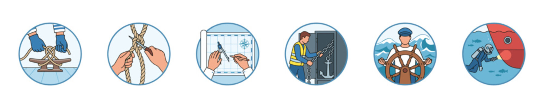 Nautical activities and maritime skills illustrated in circular icons