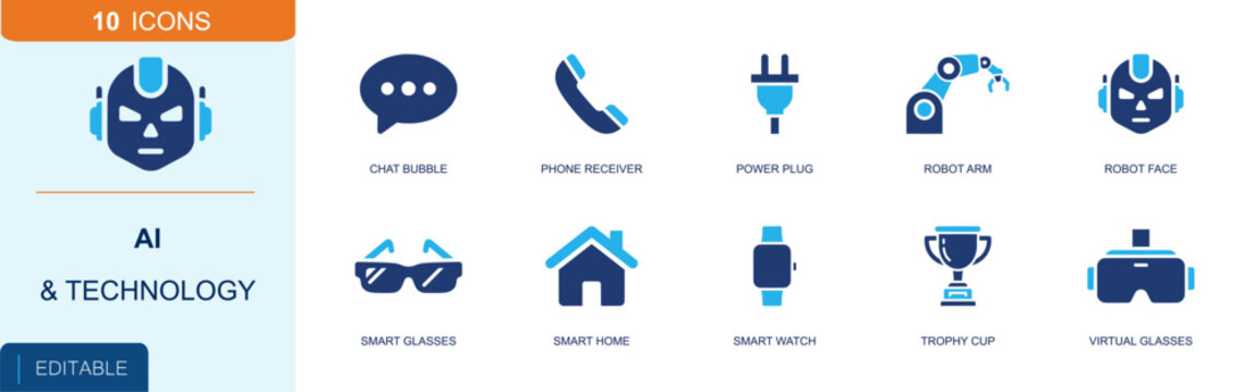 AI tech icon set. Containing chat bubble, phone receiver, power plug, robot arm, robot face, smart glasses, smart home, smart watch, virtual glasses and more. Solid fill vector icons.
