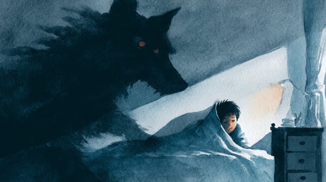 Young boy in bed under a blanket gazes at a shadowy wolf figure in a darkened bedroom, creating a sense of tension and fear
