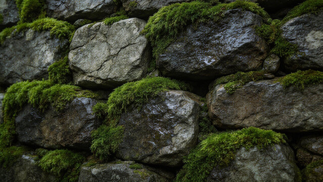 Ancient stone wall texture with natural green moss. Photorealistic texture of an old stone wall covered in thick green velvet moss with damp surface details.