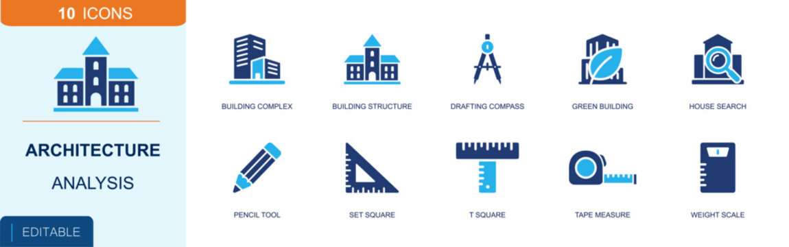 Architecture icon set. Containing building, structure, drafting compass, green building, house search, pencil, set square, tape measure, weight scale and more. Solid fill vector icons.