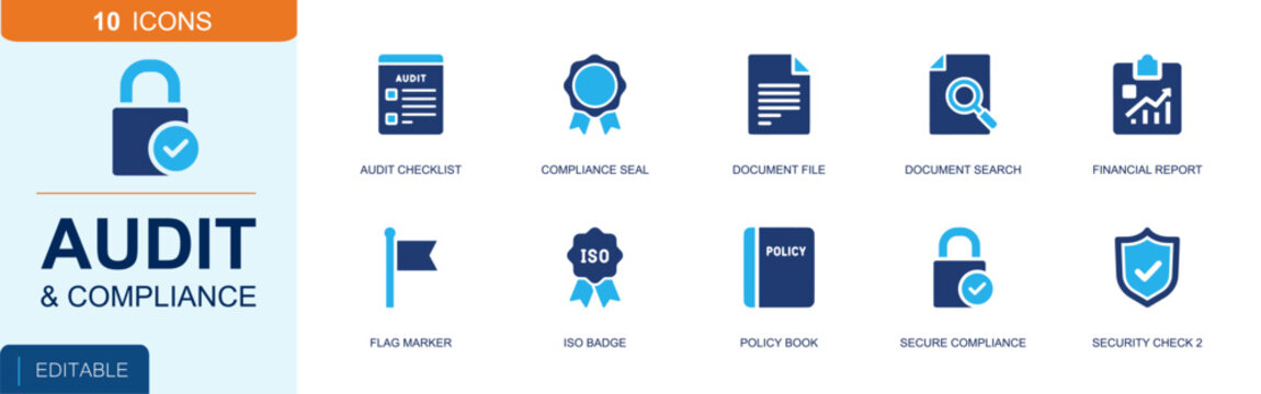 Audit and compliance icon set. Containing audit checklist, compliance seal, document file, document search, financial report, ISO badge, policy book and more. Solid fill vector icons.