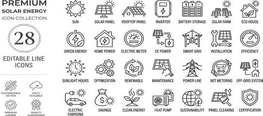 Extensive collection of 28 editable line icons representing diverse solar energy systems, renewable power generation, and sustainable technology solutions © icons