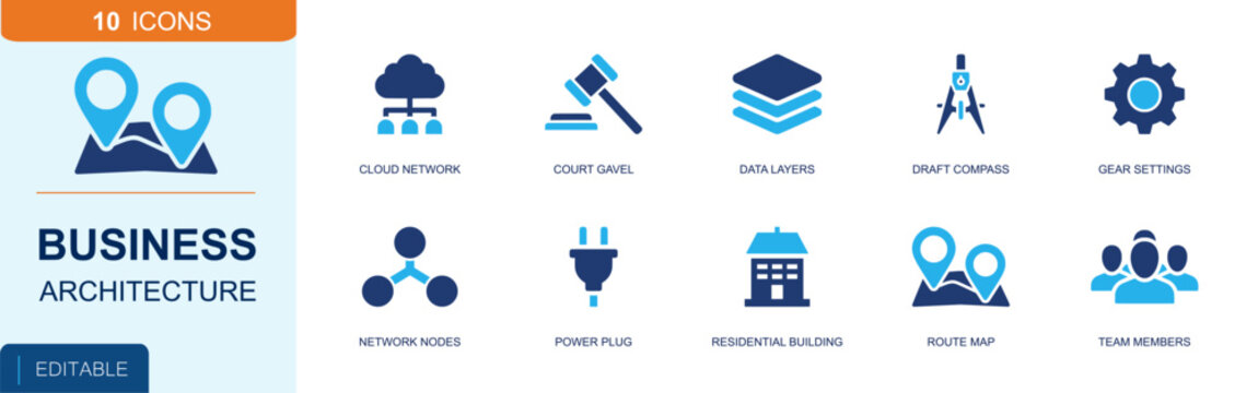 Business architecture icon set. Containing cloud network, court gavel, data layers, compass, gear, network nodes, power plug, route map, team members and more. Solid fill vector icons.