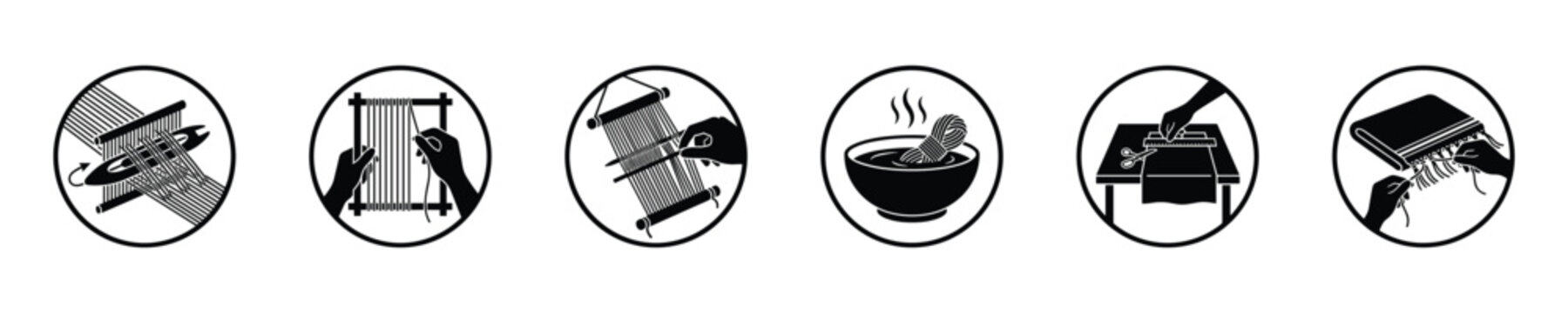 Set of icons illustrating the process of weaving and textile creation