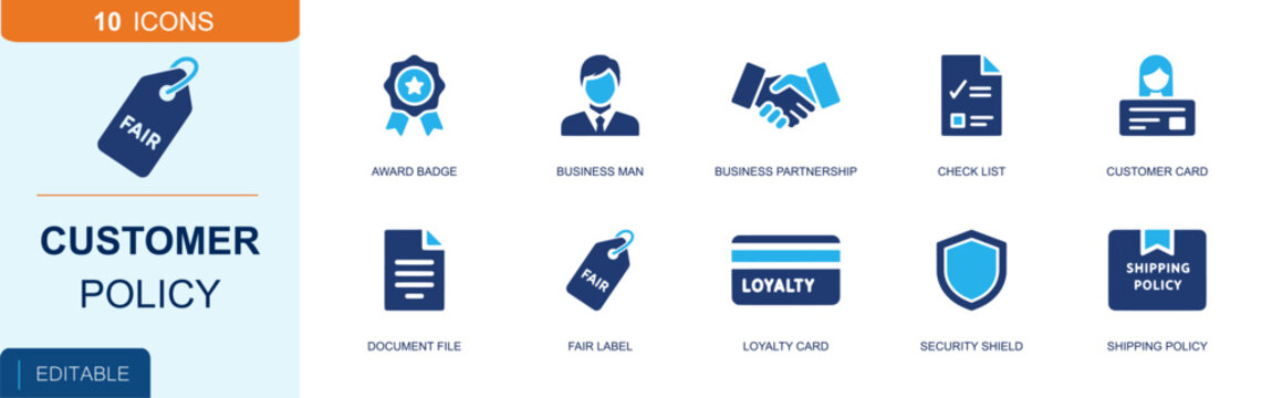 Customer policy icon set. Containing award badge, businessman, handshake, checklist, customer card, document, loyalty card, shield, shipping policy and more. Solid fill vector icons.
