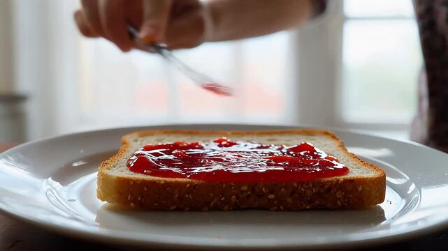 Person spreading jam on toast ideal for restaurant branding and gastronomy vlogs