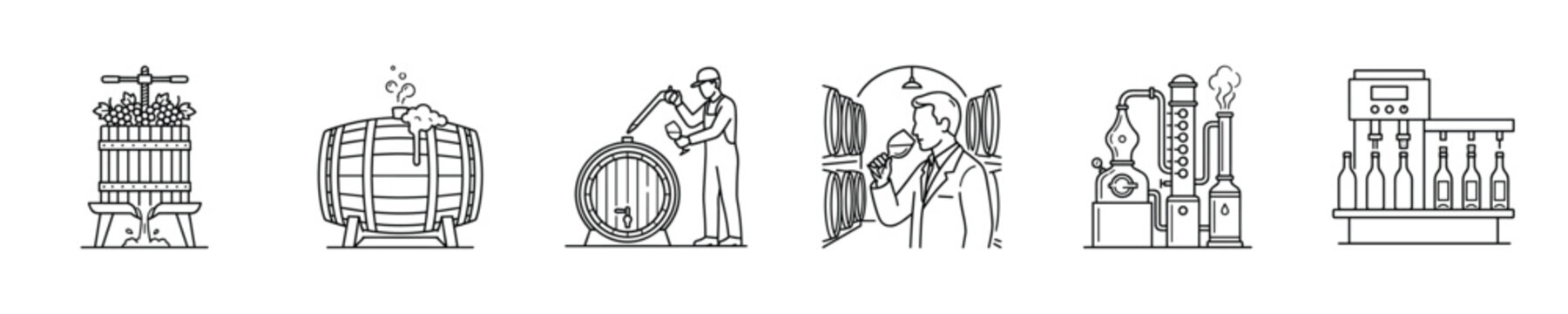 Illustrations depicting the process of making wine and spirits from start to finish