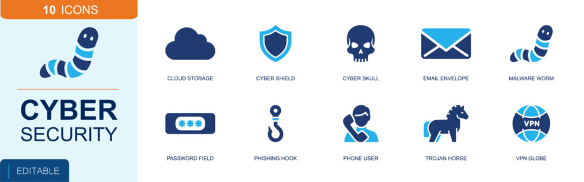 Cyber security icon set. Containing cloud storage, shield, skull, email envelope, malware worm, password field, phishing hook, trojan horse, VPN globe and more. Solid fill vector icons.