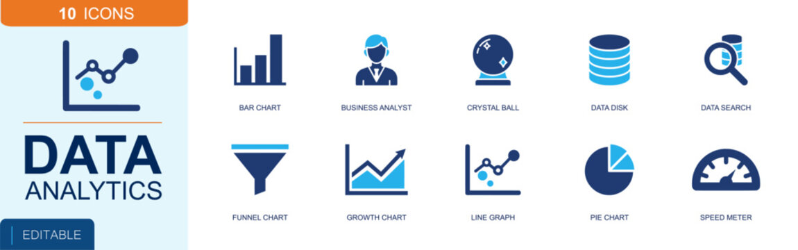Data analytics icon set containing bar chart, business analyst, crystal ball, data disk, data search, funnel chart, growth chart, line graph, pie chart and more, solid fill vector icons.
