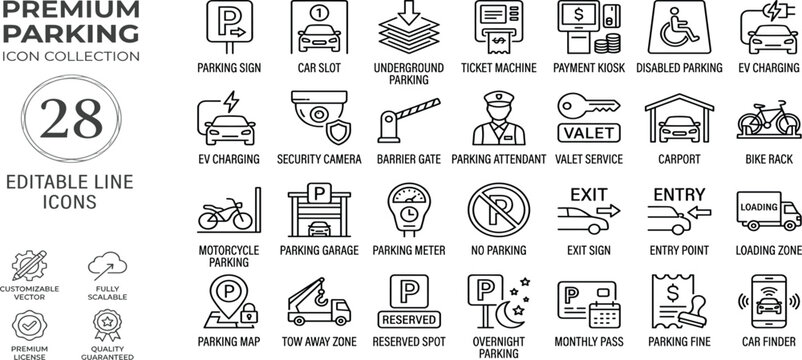 Modern line icon set for premium parking, covering signs, access control, payment, and vehicle services. Ideal for digital interfaces, apps, and web design