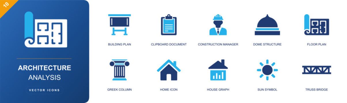 Architecture analysis icon set. Containing building plan, clipboard, manager, dome structure, floor plan, Greek column, home icon, house graph, bridge and more. Solid fill vector icons.
